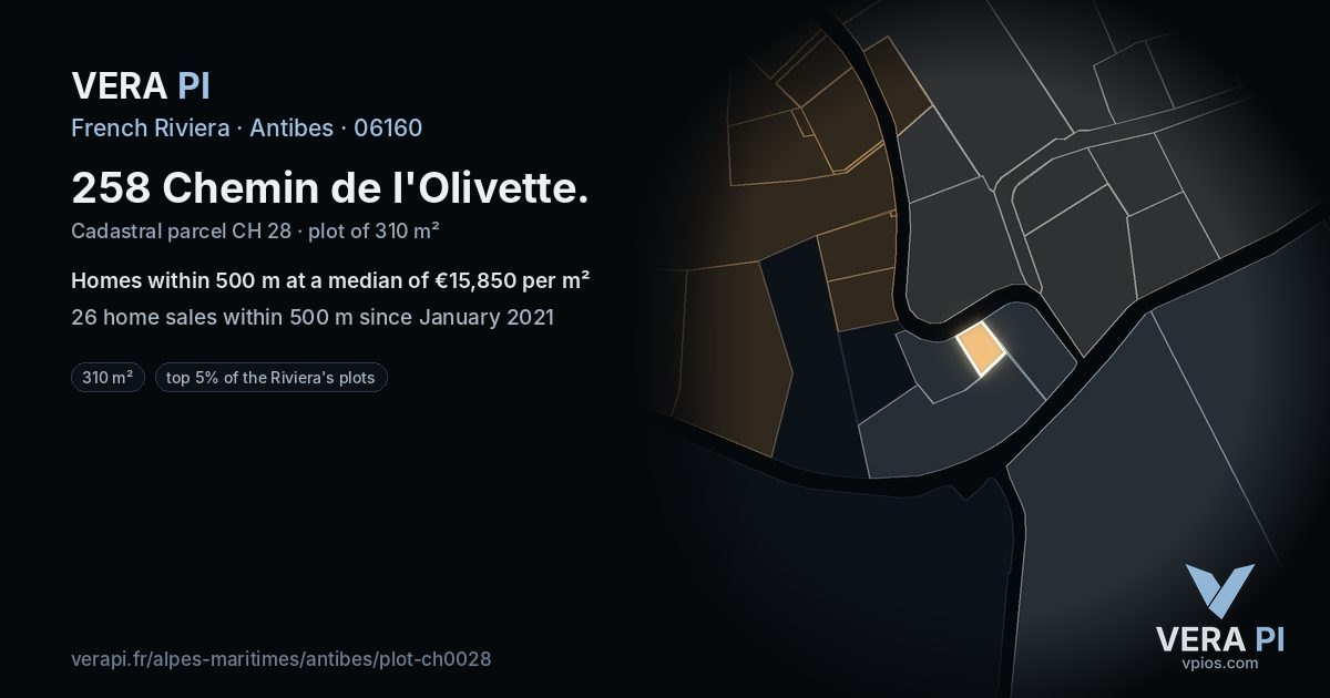 258 Chemin de l'Olivette, Antibes at night – the plot lit, the parcels around coloured by the prices near them