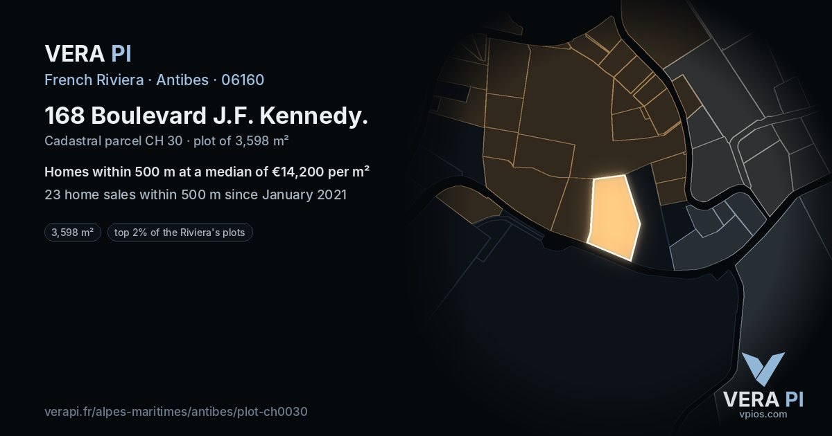 168 Boulevard J.F. Kennedy, Antibes at night – the plot lit, the parcels around coloured by the prices near them