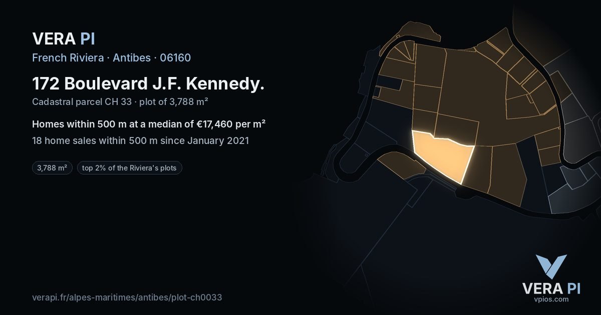 172 Boulevard J.F. Kennedy, Antibes at night – the plot lit, the parcels around coloured by the prices near them