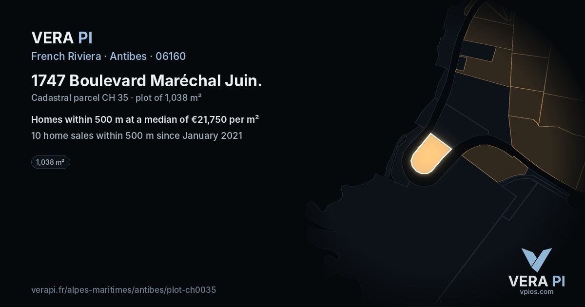 1747 Boulevard Maréchal Juin, Antibes at night – the plot lit, the parcels around coloured by the prices near them