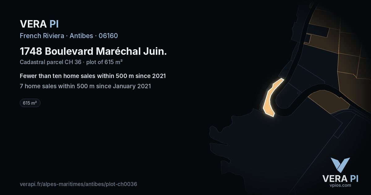 1748 Boulevard Maréchal Juin, Antibes at night – the plot lit, the parcels around coloured by the prices near them