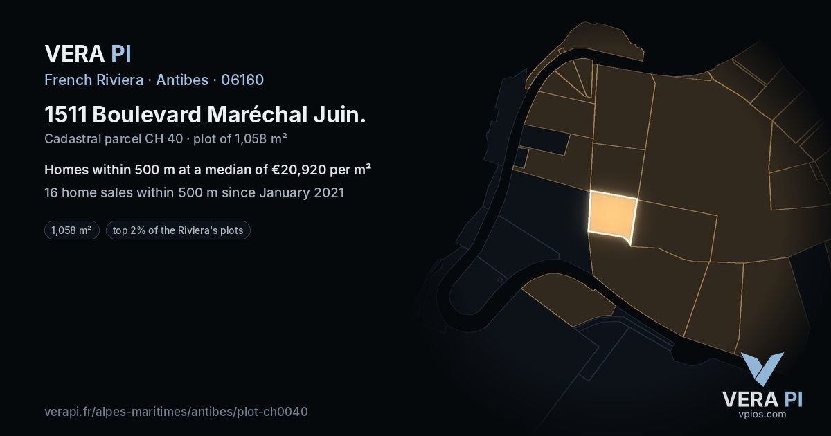 1511 Boulevard Maréchal Juin, Antibes at night – the plot lit, the parcels around coloured by the prices near them