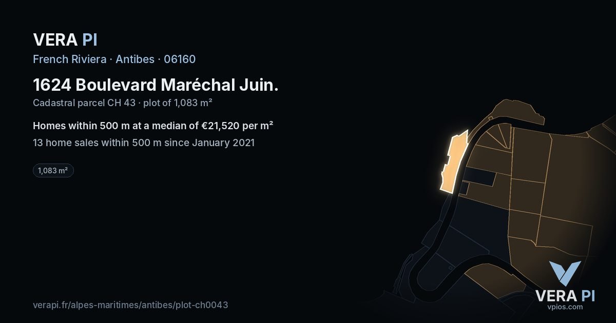 1624 Boulevard Maréchal Juin, Antibes at night – the plot lit, the parcels around coloured by the prices near them