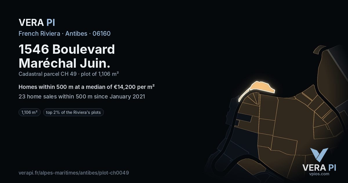 1546 Boulevard Maréchal Juin, Antibes at night – the plot lit, the parcels around coloured by the prices near them