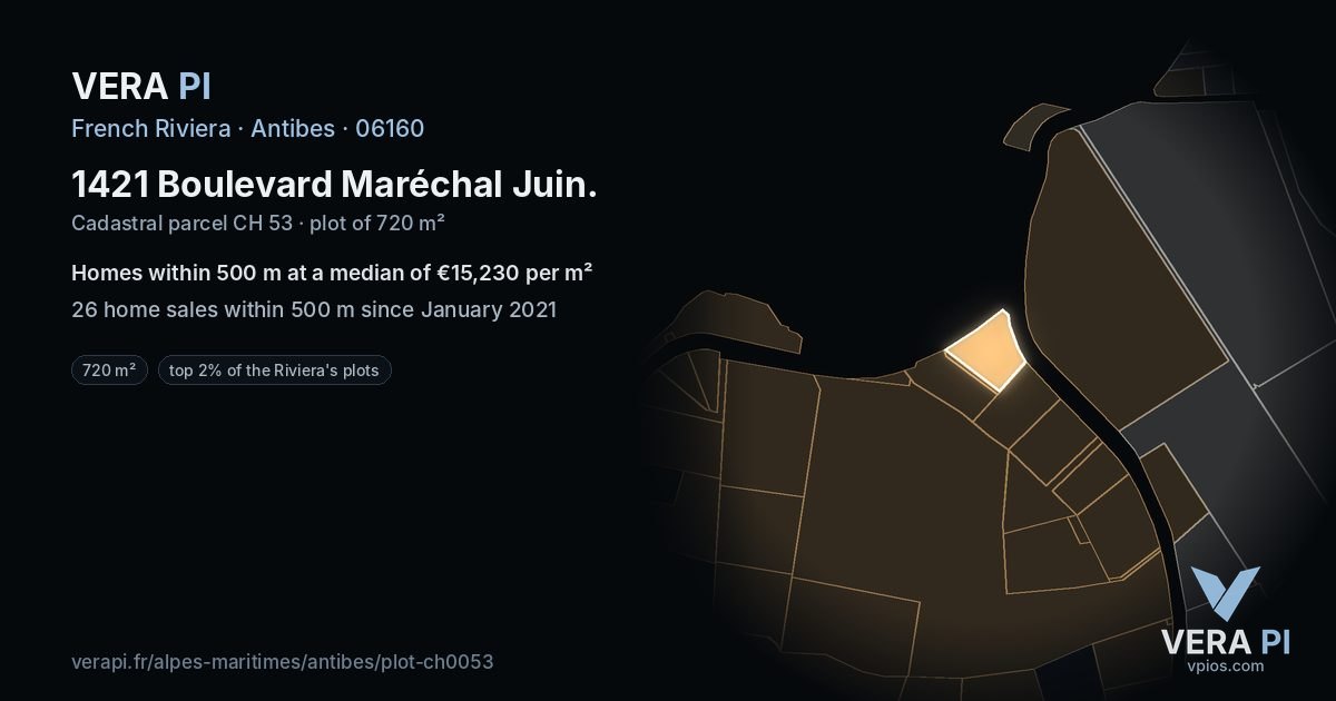 1421 Boulevard Maréchal Juin, Antibes at night – the plot lit, the parcels around coloured by the prices near them