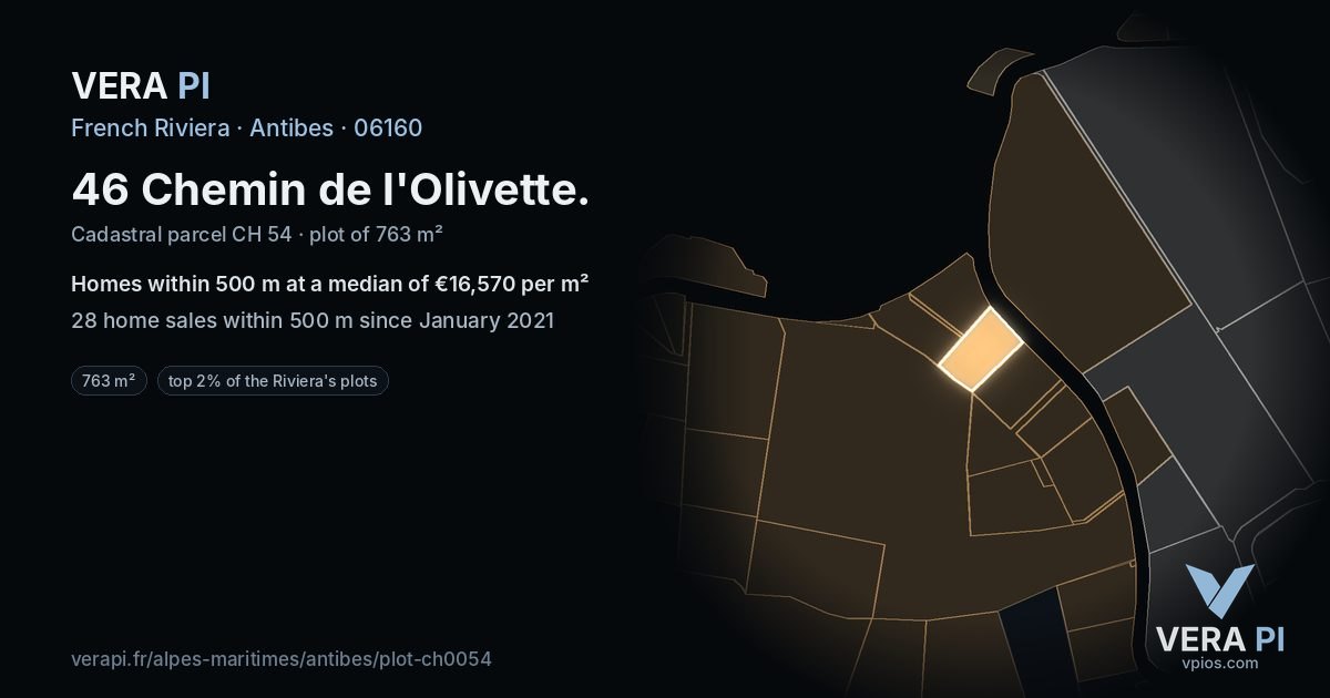 46 Chemin de l'Olivette, Antibes at night – the plot lit, the parcels around coloured by the prices near them