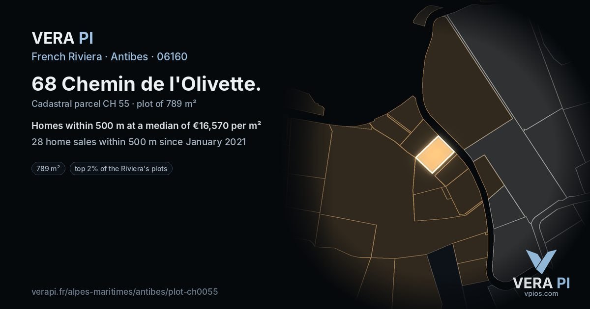 68 Chemin de l'Olivette, Antibes at night – the plot lit, the parcels around coloured by the prices near them