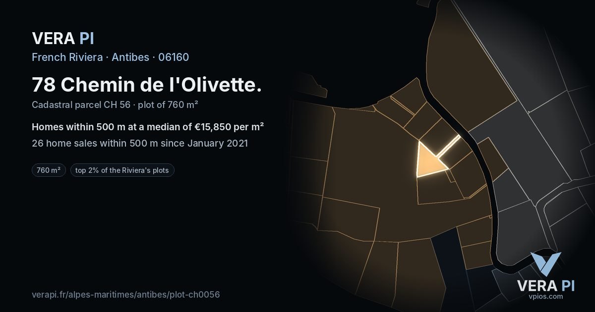 78 Chemin de l'Olivette, Antibes at night – the plot lit, the parcels around coloured by the prices near them