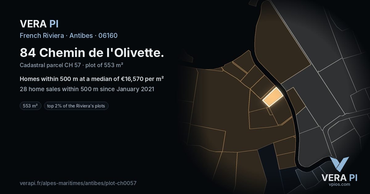 84 Chemin de l'Olivette, Antibes at night – the plot lit, the parcels around coloured by the prices near them