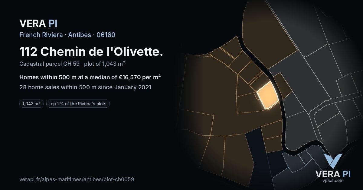 112 Chemin de l'Olivette, Antibes at night – the plot lit, the parcels around coloured by the prices near them