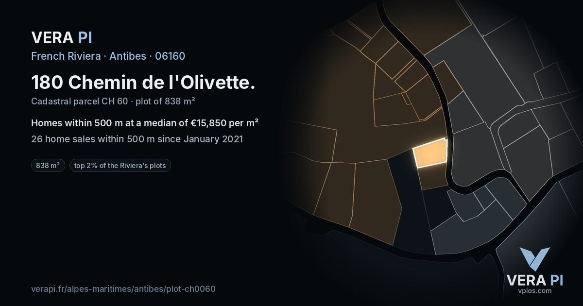 180 Chemin de l'Olivette, Antibes at night – the plot lit, the parcels around coloured by the prices near them