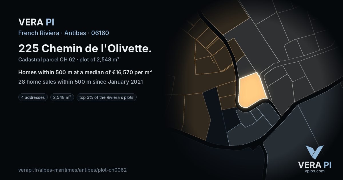 225 Chemin de l'Olivette, Antibes at night – the plot lit, the parcels around coloured by the prices near them