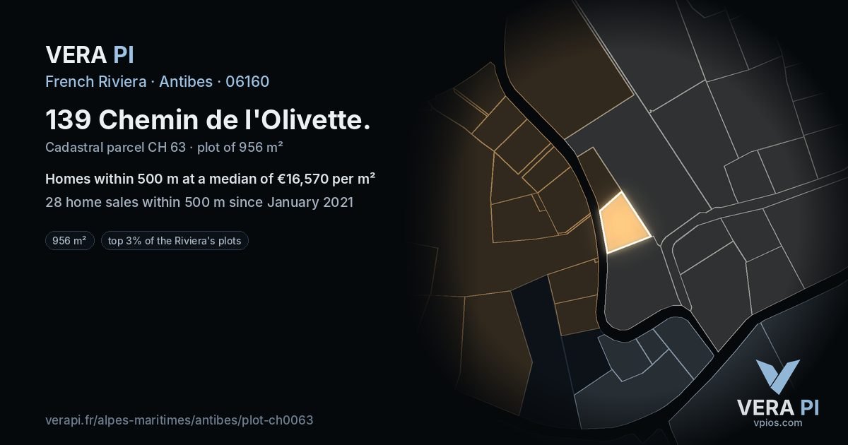 139 Chemin de l'Olivette, Antibes at night – the plot lit, the parcels around coloured by the prices near them