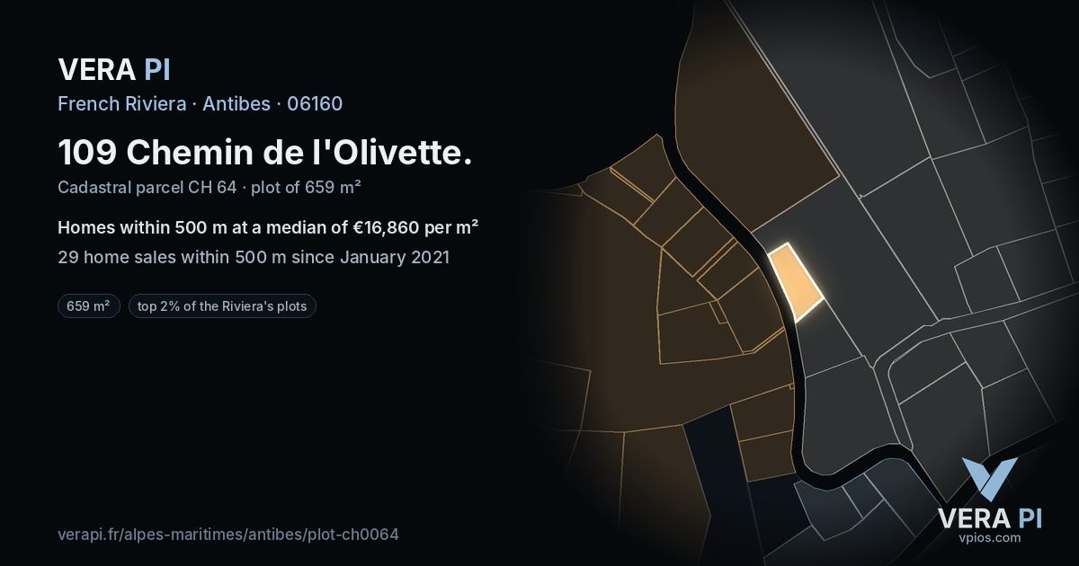 109 Chemin de l'Olivette, Antibes at night – the plot lit, the parcels around coloured by the prices near them