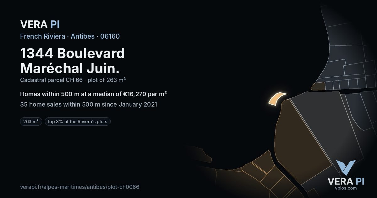 1344 Boulevard Maréchal Juin, Antibes at night – the plot lit, the parcels around coloured by the prices near them