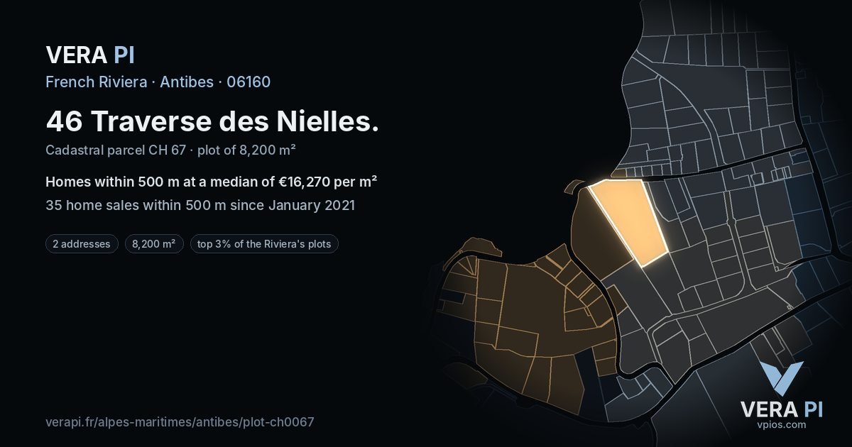 46 Traverse des Nielles, Antibes at night – the plot lit, the parcels around coloured by the prices near them