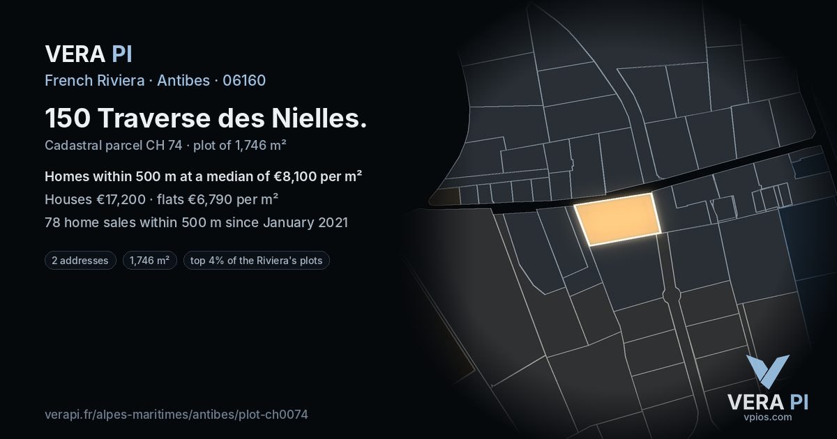 150 Traverse des Nielles, Antibes at night – the plot lit, the parcels around coloured by the prices near them