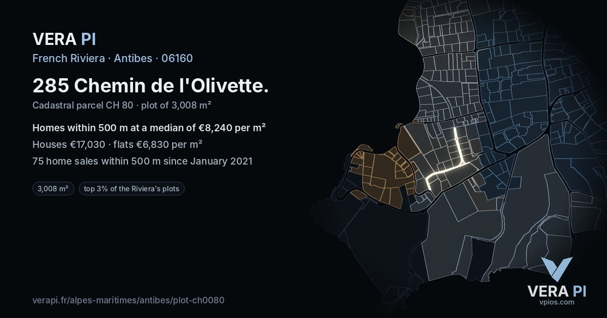 285 Chemin de l'Olivette, Antibes at night – the plot lit, the parcels around coloured by the prices near them
