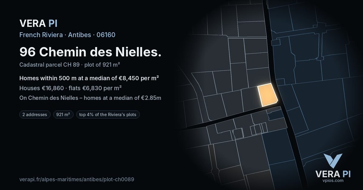 96 Chemin des Nielles, Antibes at night – the plot lit, the parcels around coloured by the prices near them