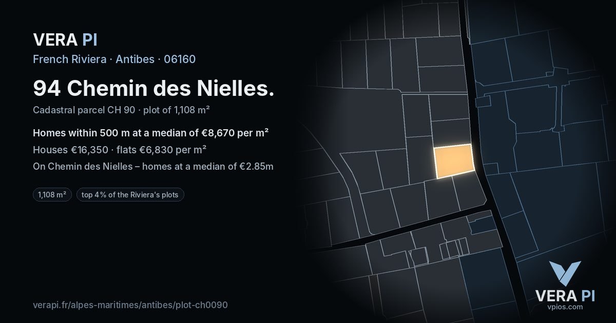 94 Chemin des Nielles, Antibes at night – the plot lit, the parcels around coloured by the prices near them