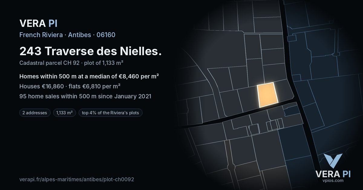 243 Traverse des Nielles, Antibes at night – the plot lit, the parcels around coloured by the prices near them