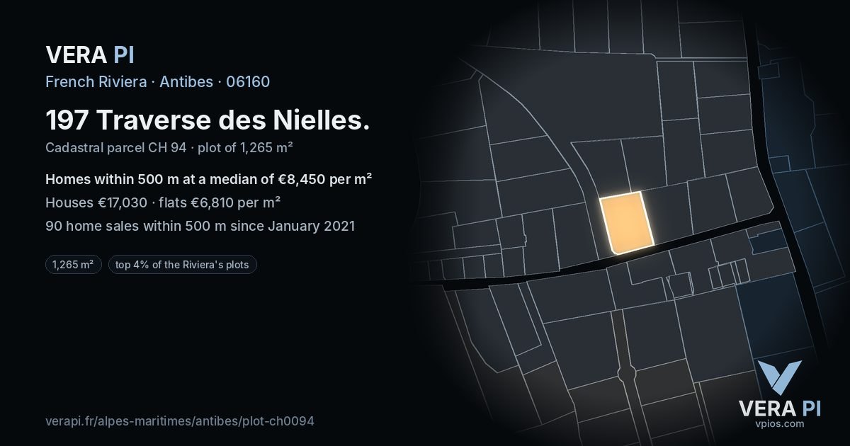 197 Traverse des Nielles, Antibes at night – the plot lit, the parcels around coloured by the prices near them