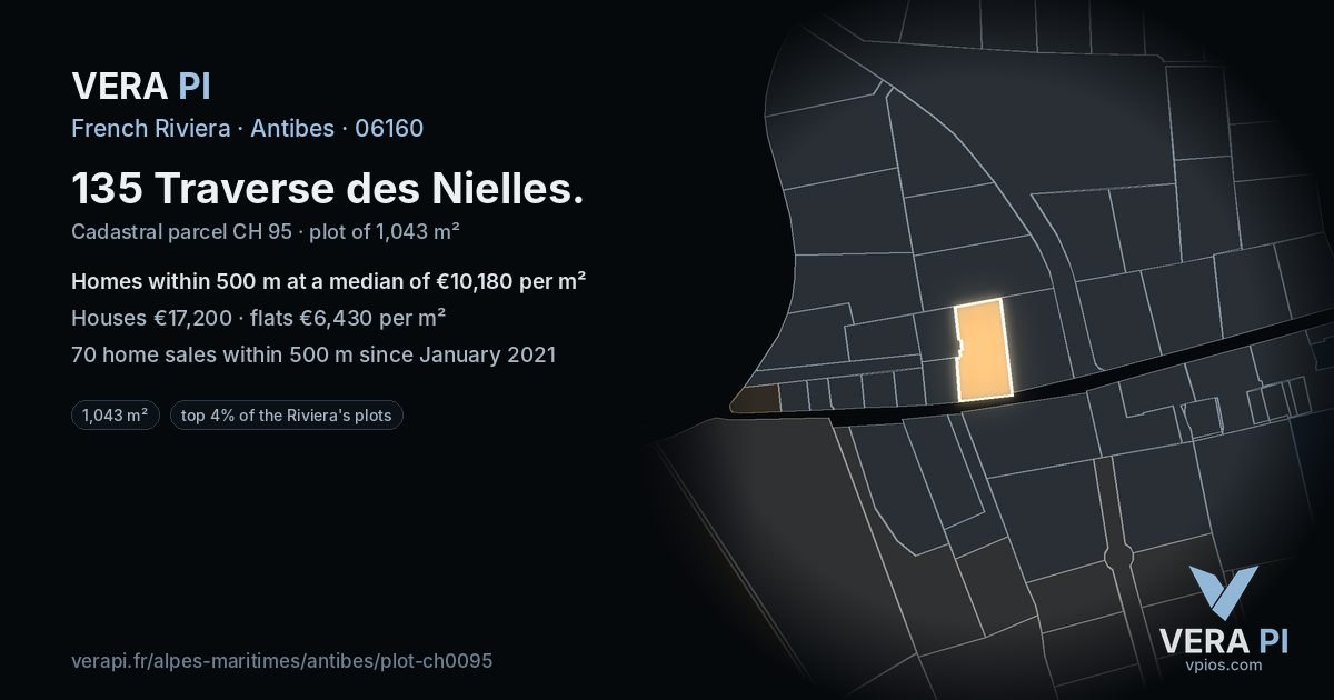 135 Traverse des Nielles, Antibes at night – the plot lit, the parcels around coloured by the prices near them