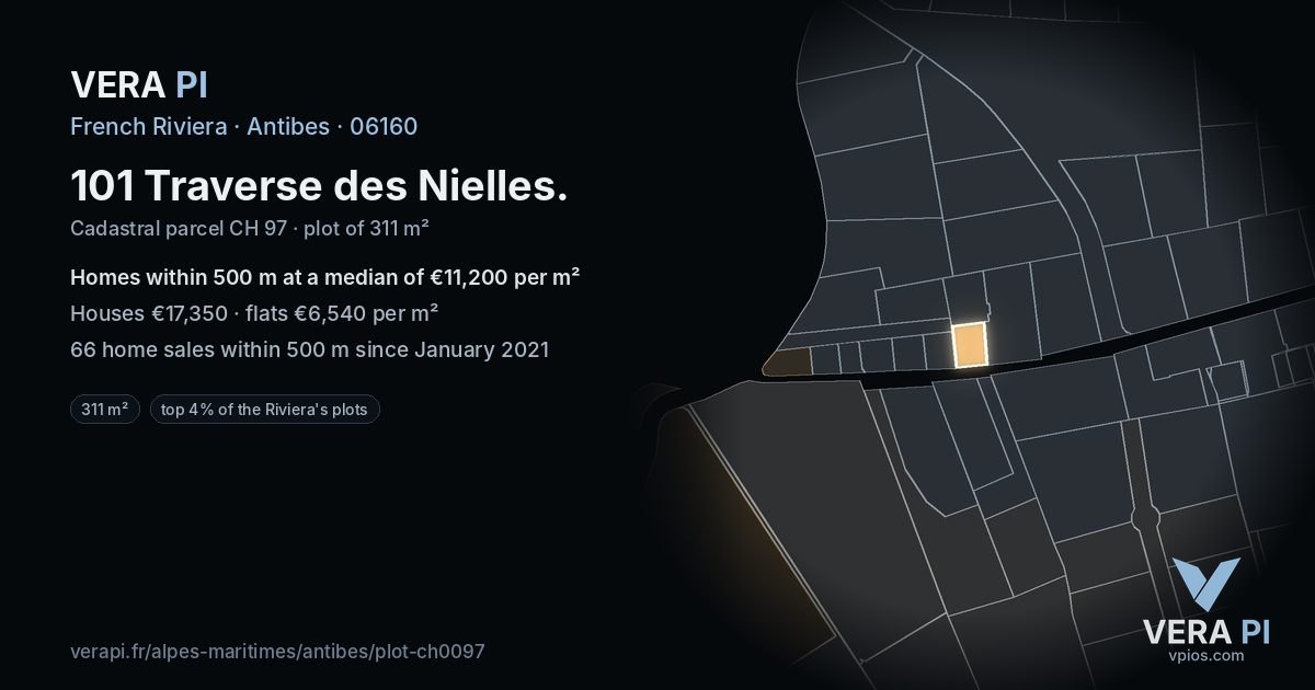 101 Traverse des Nielles, Antibes at night – the plot lit, the parcels around coloured by the prices near them