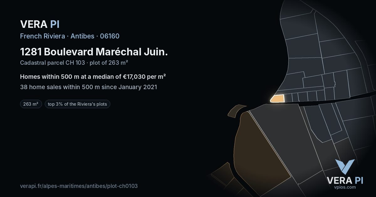 1281 Boulevard Maréchal Juin, Antibes at night – the plot lit, the parcels around coloured by the prices near them