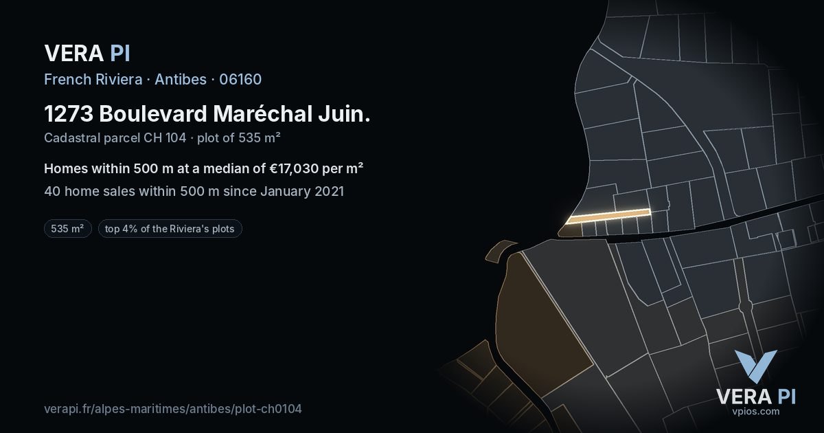 1273 Boulevard Maréchal Juin, Antibes at night – the plot lit, the parcels around coloured by the prices near them