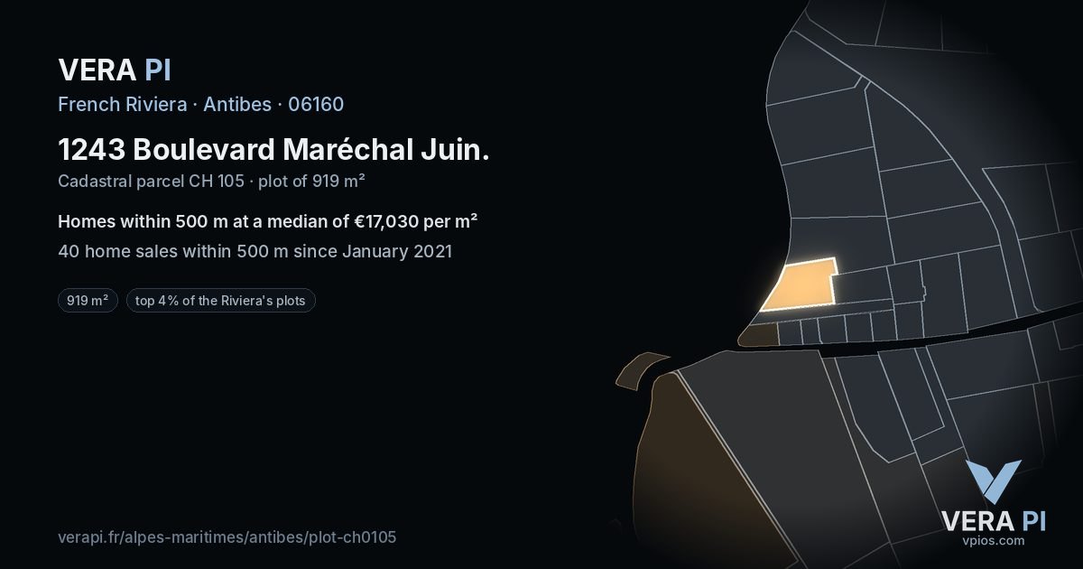 1243 Boulevard Maréchal Juin, Antibes at night – the plot lit, the parcels around coloured by the prices near them