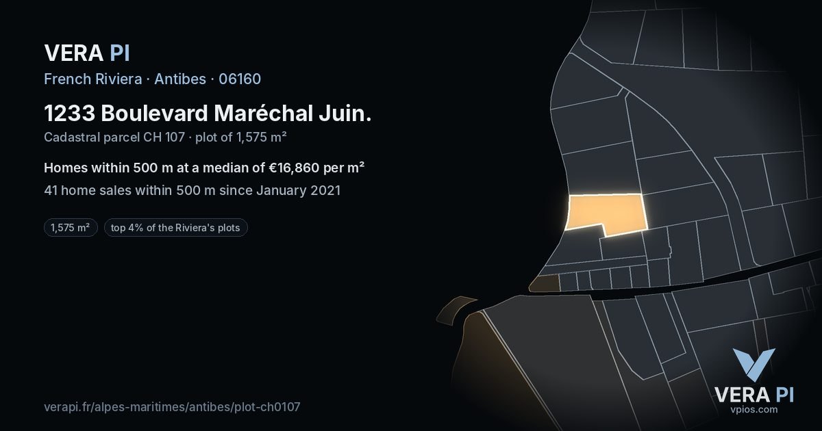 1233 Boulevard Maréchal Juin, Antibes at night – the plot lit, the parcels around coloured by the prices near them