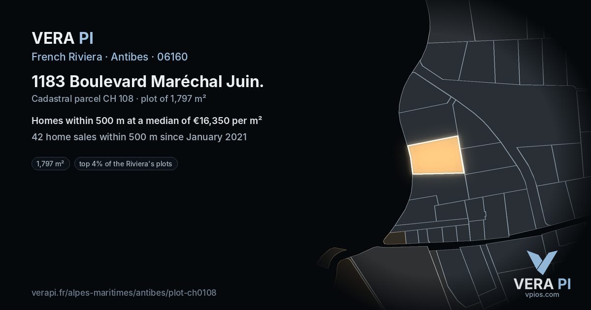 1183 Boulevard Maréchal Juin, Antibes at night – the plot lit, the parcels around coloured by the prices near them