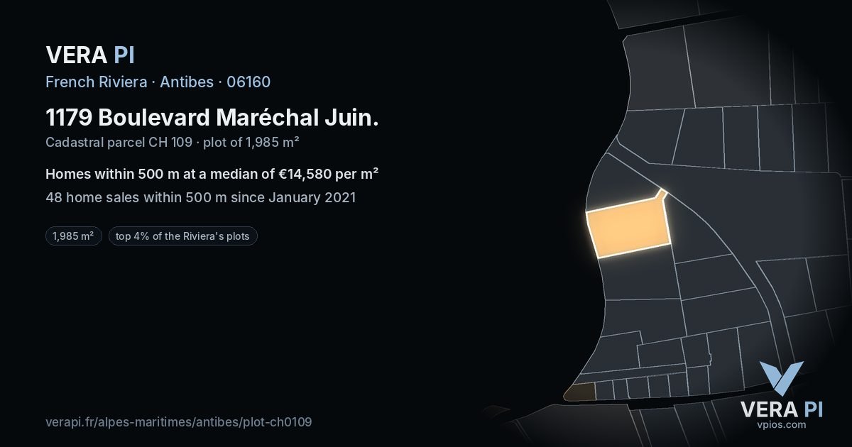1179 Boulevard Maréchal Juin, Antibes at night – the plot lit, the parcels around coloured by the prices near them