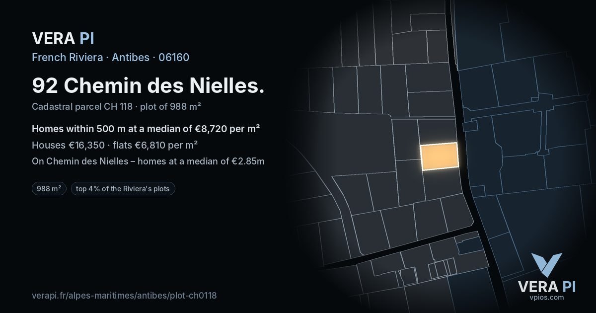 92 Chemin des Nielles, Antibes at night – the plot lit, the parcels around coloured by the prices near them