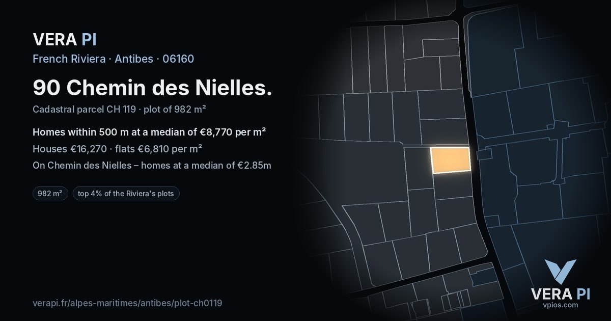 90 Chemin des Nielles, Antibes at night – the plot lit, the parcels around coloured by the prices near them
