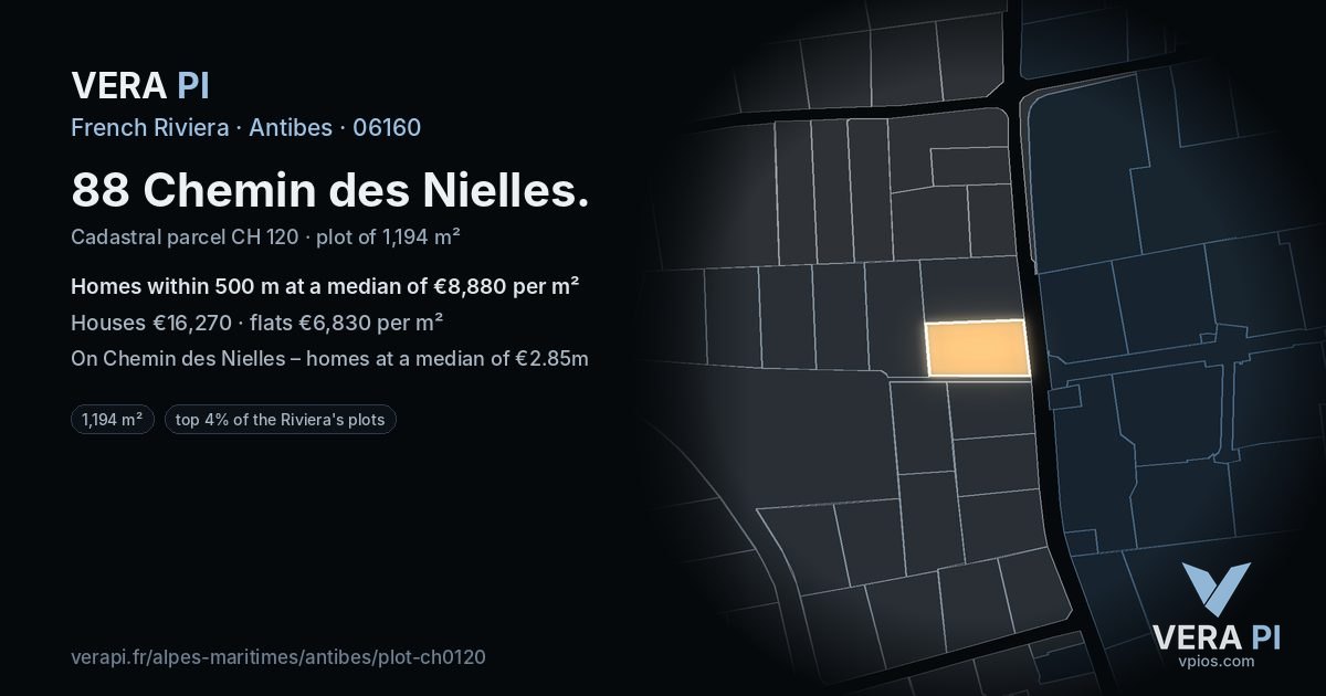 88 Chemin des Nielles, Antibes at night – the plot lit, the parcels around coloured by the prices near them