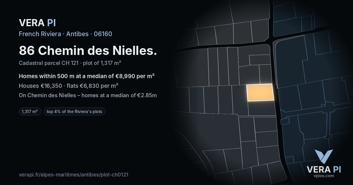 86 Chemin des Nielles, Antibes at night – the plot lit, the parcels around coloured by the prices near them