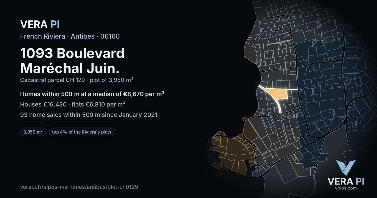 1093 Boulevard Maréchal Juin, Antibes at night – the plot lit, the parcels around coloured by the prices near them