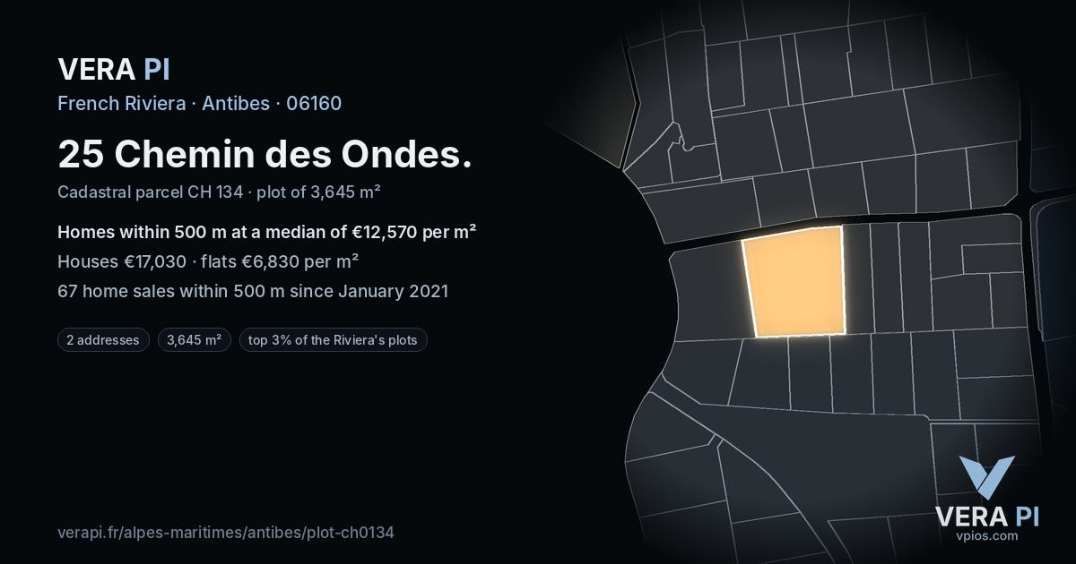 25 Chemin des Ondes, Antibes at night – the plot lit, the parcels around coloured by the prices near them