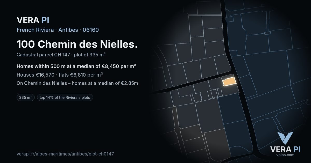 100 Chemin des Nielles, Antibes at night – the plot lit, the parcels around coloured by the prices near them