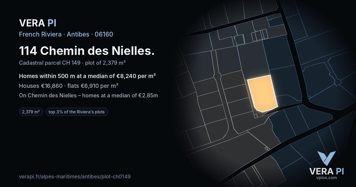 114 Chemin des Nielles, Antibes at night – the plot lit, the parcels around coloured by the prices near them