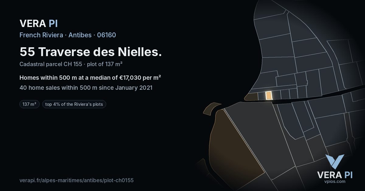 55 Traverse des Nielles, Antibes at night – the plot lit, the parcels around coloured by the prices near them