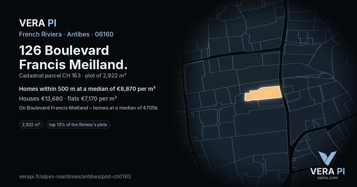 126 Boulevard Francis Meilland, Antibes at night – the plot lit, the parcels around coloured by the prices near them