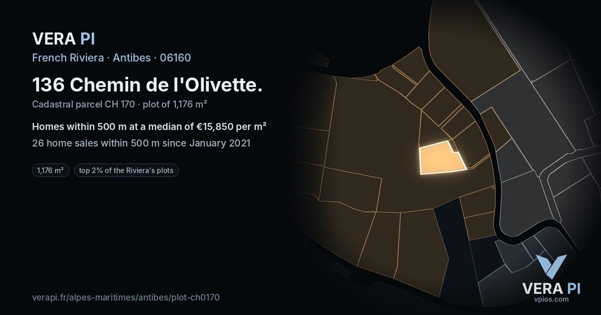 136 Chemin de l'Olivette, Antibes at night – the plot lit, the parcels around coloured by the prices near them