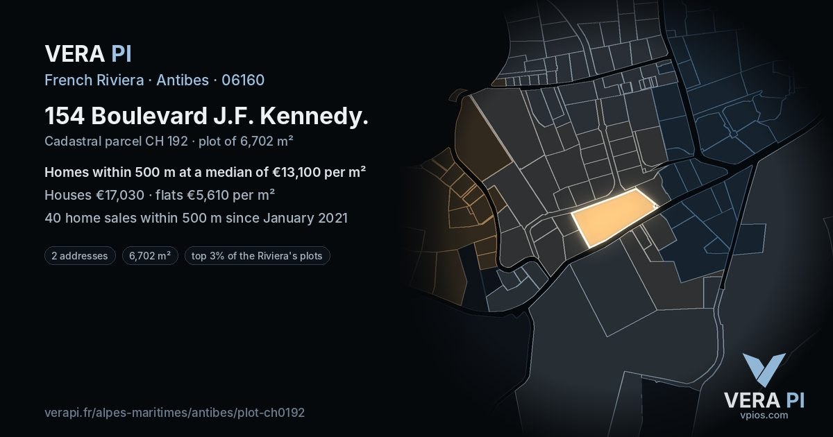 154 Boulevard J.F. Kennedy, Antibes at night – the plot lit, the parcels around coloured by the prices near them