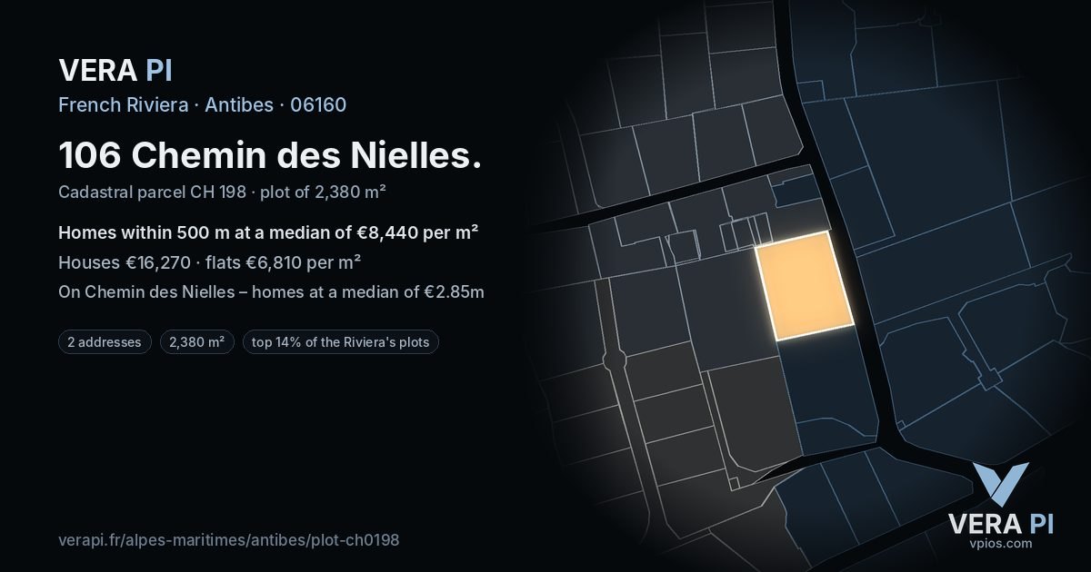 106 Chemin des Nielles, Antibes at night – the plot lit, the parcels around coloured by the prices near them
