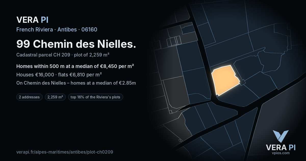 99 Chemin des Nielles, Antibes at night – the plot lit, the parcels around coloured by the prices near them