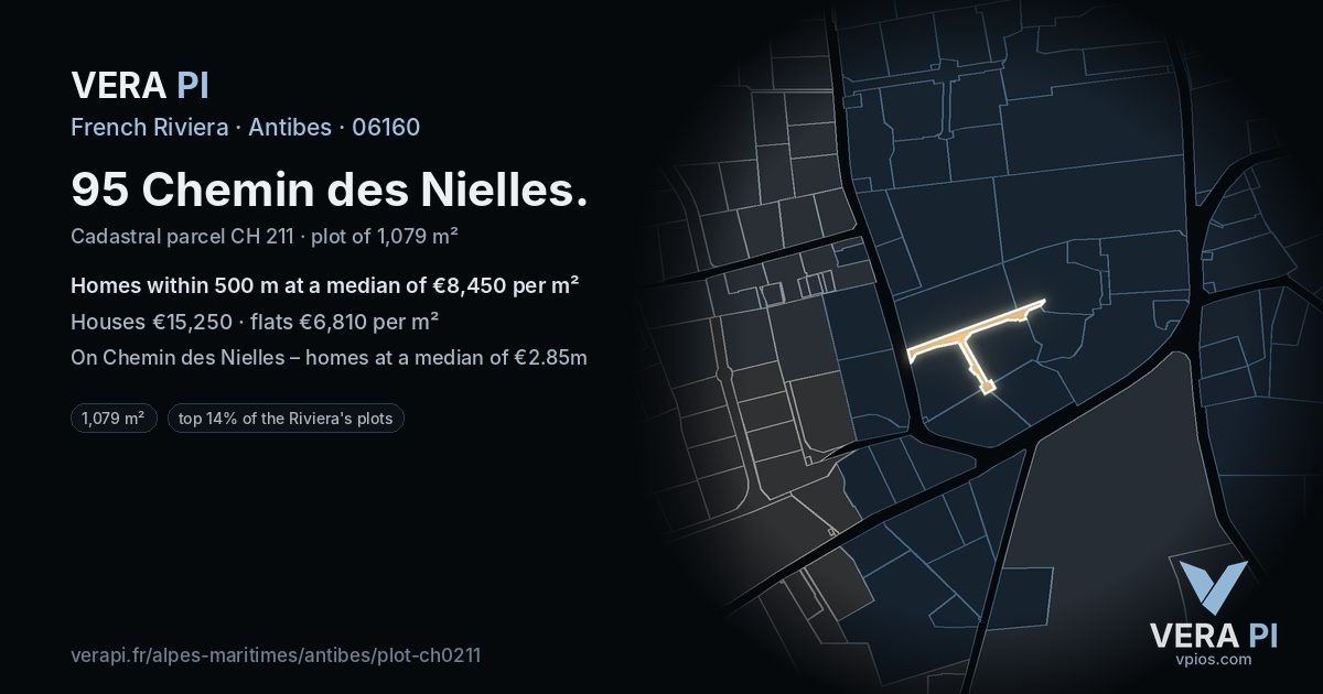 95 Chemin des Nielles, Antibes at night – the plot lit, the parcels around coloured by the prices near them
