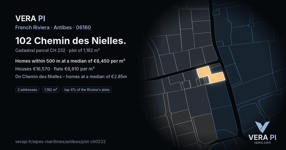102 Chemin des Nielles, Antibes at night – the plot lit, the parcels around coloured by the prices near them